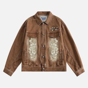 chic lace embroidered denim jacket   youthful urban appeal 4174