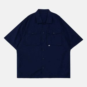 chic large pocket shirt solid & sleek short sleeve design 6661