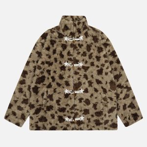 chic leopard star sherpa coat   bold & youthful style 1856
