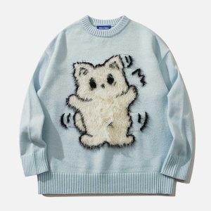 chic plush bow cat sweater   quirky & youthful appeal 4466