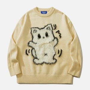chic plush bow cat sweater   quirky & youthful appeal 6169