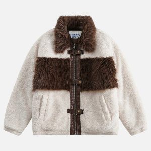 chic plush sherpa coat with faux fur patchwork design 1331