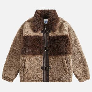 chic plush sherpa coat with faux fur patchwork design 8632