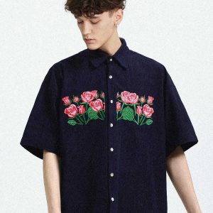 chic rose embroidered corduroy shirts   y2k urban appeal 5481