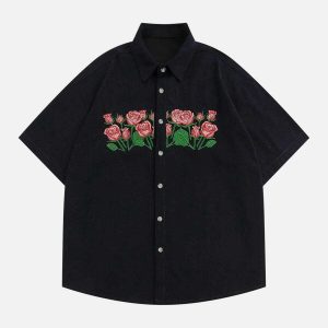 chic rose embroidered corduroy shirts   y2k urban appeal 6081