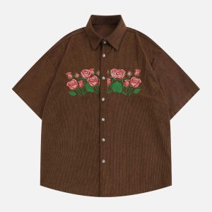 chic rose embroidered corduroy shirts   y2k urban appeal 8502