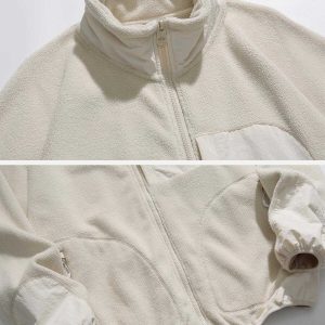chic solid patchwork fleece jacket   urban y2k appeal 5319