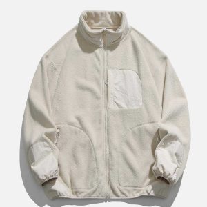 chic solid patchwork fleece jacket   urban y2k appeal 8903