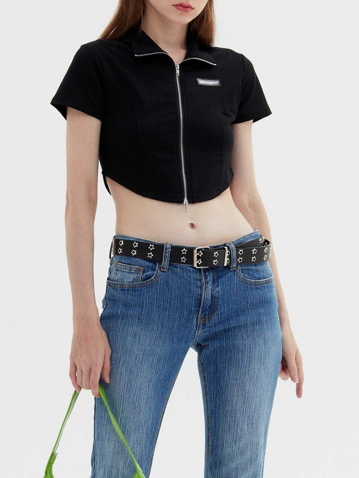 chic solid zip up cropped tee   sleek & youthful style 7181