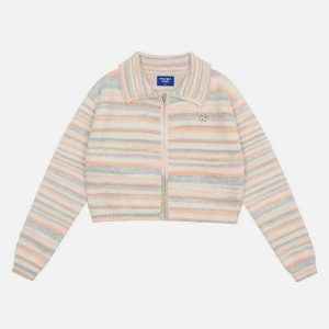 chic striped zip up cardigan   youthful urban appeal 1458