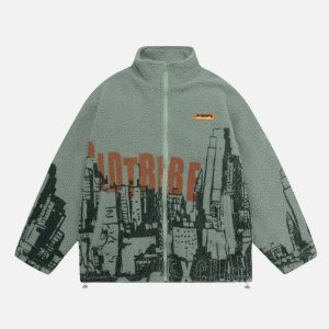 city pattern sherpa coat urban chic & cozy warmth 4491