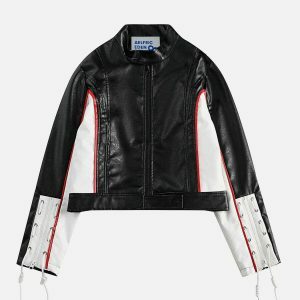 color block faux leather jacket   edgy patchwork design 7825