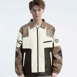 color block patchwork leather jacket 5405