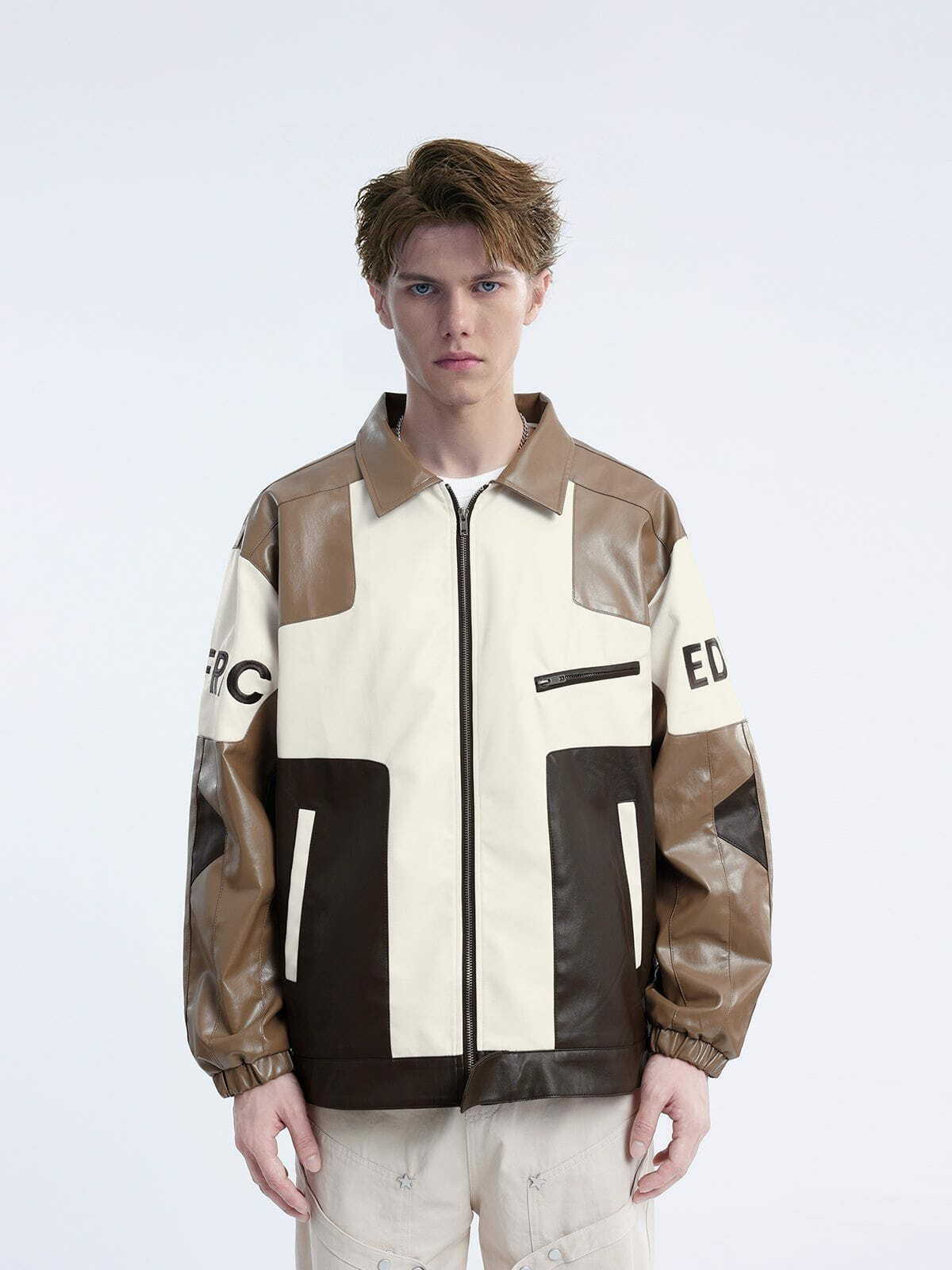 color block patchwork leather jacket 5405