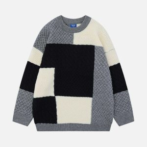 color block patchwork sweater   youthful urban trend 2317
