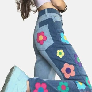 colorblock floral embroidered jeans   chic & youthful style 2040