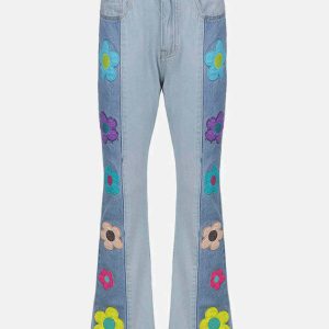 colorblock floral embroidered jeans   chic & youthful style 7769