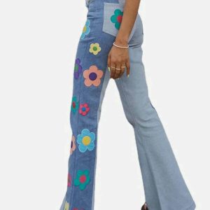 colorblock floral embroidered jeans   chic & youthful style 7994