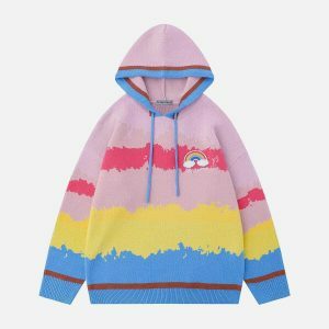 colorful stripe embroidery rainbow hoodie 5001