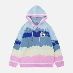 colorful stripe embroidery rainbow hoodie 5116