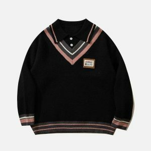 contrast color polo sweater edgy & retro streetwear 1989