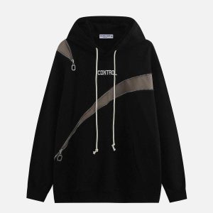 contrast patchwork hoodie   edgy zip up urban appeal 2474