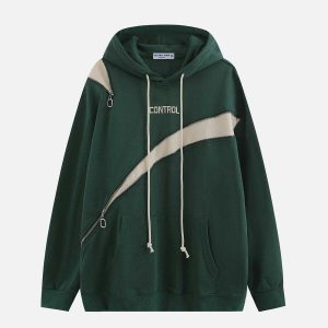 contrast patchwork hoodie   edgy zip up urban appeal 3392