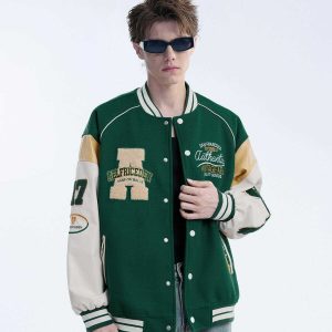 contrast stitch varsity jacket   youthful urban trend 5479