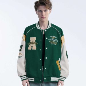 contrast stitch varsity jacket   youthful urban trend 8345
