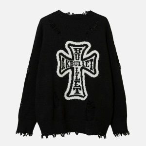 cross graphic raw edge sweater 4956