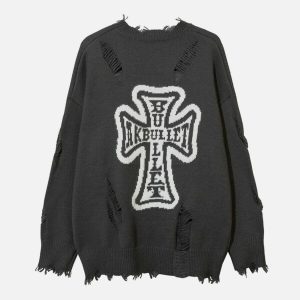 cross graphic raw edge sweater 5391