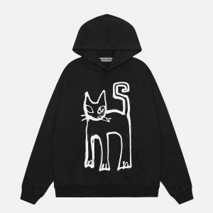 cute cat print hoodie   youthful & trendy streetwear 6030