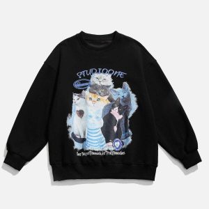 cute cat print sweatshirt   chic & youthful urban style 5537