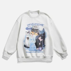 cute cat print sweatshirt   chic & youthful urban style 6793