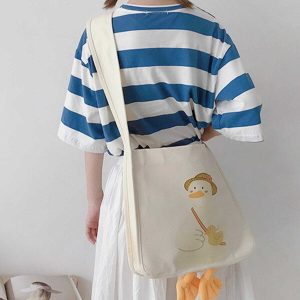 cute duck canvas bag   youthful & quirky streetwear essential 3565