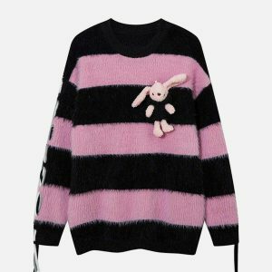 cute rabbit stripe sweater   chic mohair drawstring design 4068