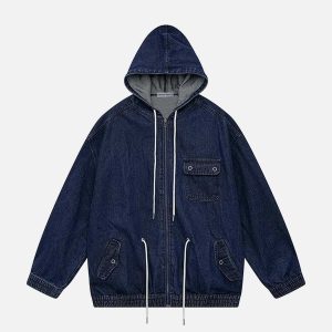 denim drawstring hoodie   youthful urban streetwear staple 7839