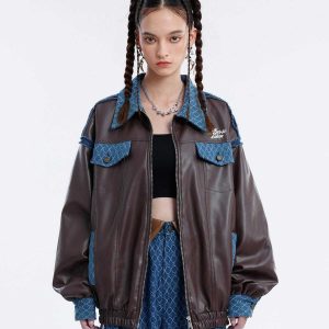 denim patchwork jacquard jacket   urban & trendy crafted style 2508