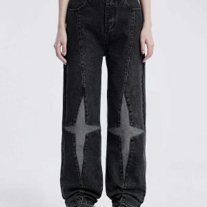 diamond star applique jeans   edgy & retro streetwear 3401