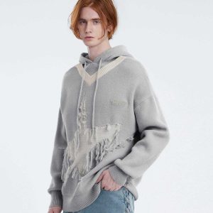 distressed knit hoodie   edgy urban streetwear staple 4064