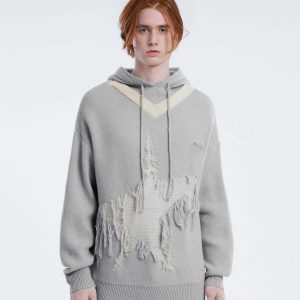 distressed knit hoodie   edgy urban streetwear staple 8974