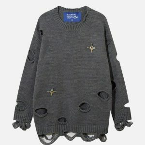 distressed star sweater edgy urban appeal & trendy design 7291