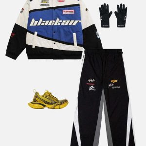 dynamic color block racing pants   sleek urban streetwear 6285