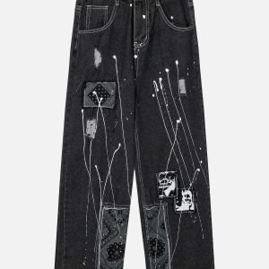 dynamic patchwork ink jet jeans   urban & youthful style 8083