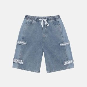 dynamic spliced denim shorts   youthful & edgy streetwear 2876