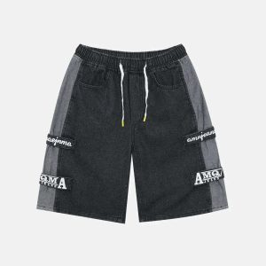 dynamic spliced denim shorts   youthful & edgy streetwear 3919
