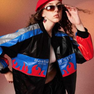 dynamic spliced flame jacket contrast colors & urban appeal 5371