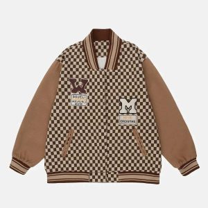 dynamic stitching color plaid varsity jacket urban icon 3670