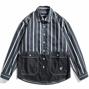 dynamic stripe spliced denim shirt youthful long sleeve 1194