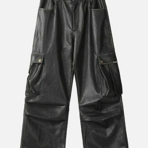 edgy big pocket pu cargo pants   sleek urban streetwear 7064